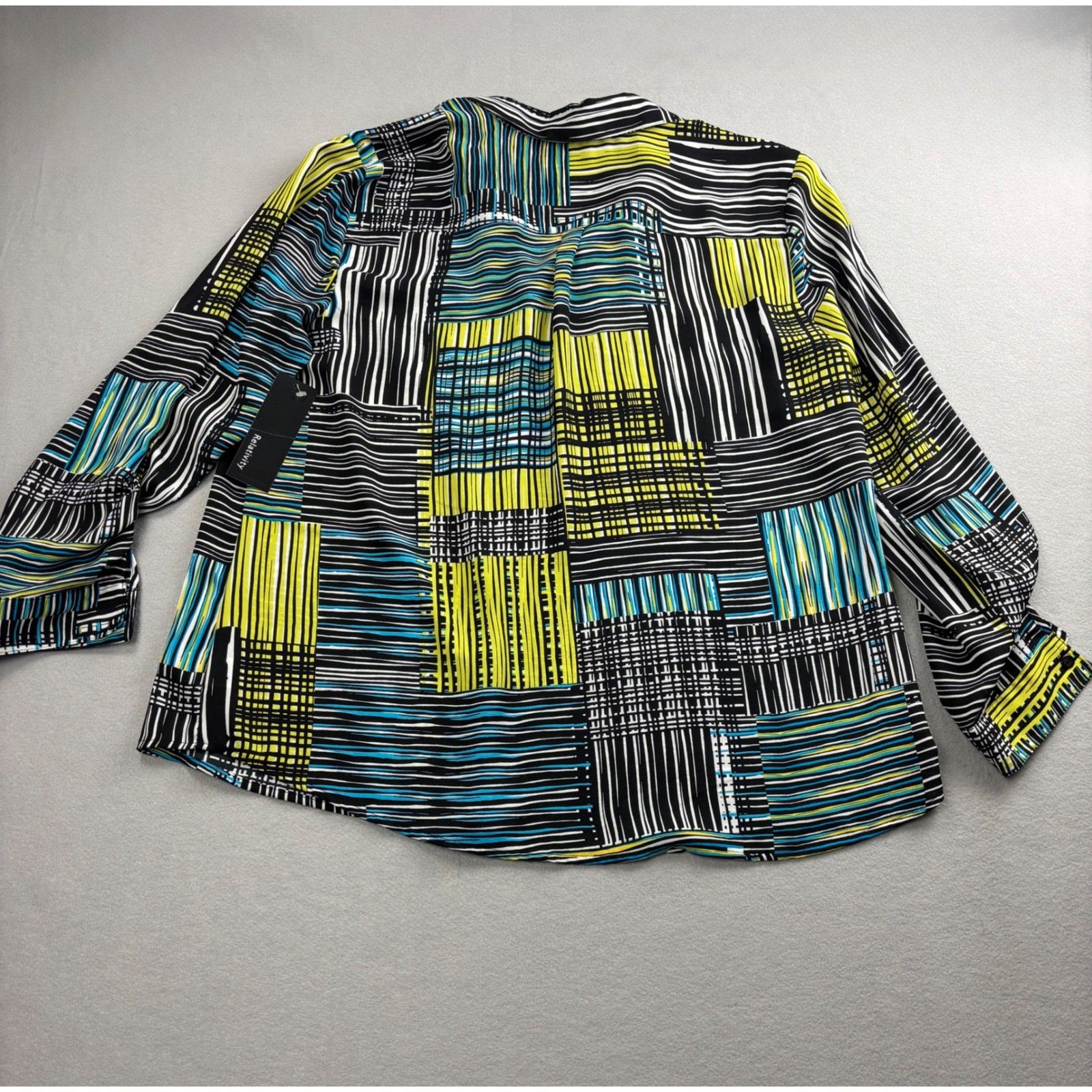 Relativity Womens XL Blouse Button Front Shirt Geometric Line Print Roll Tab NWT