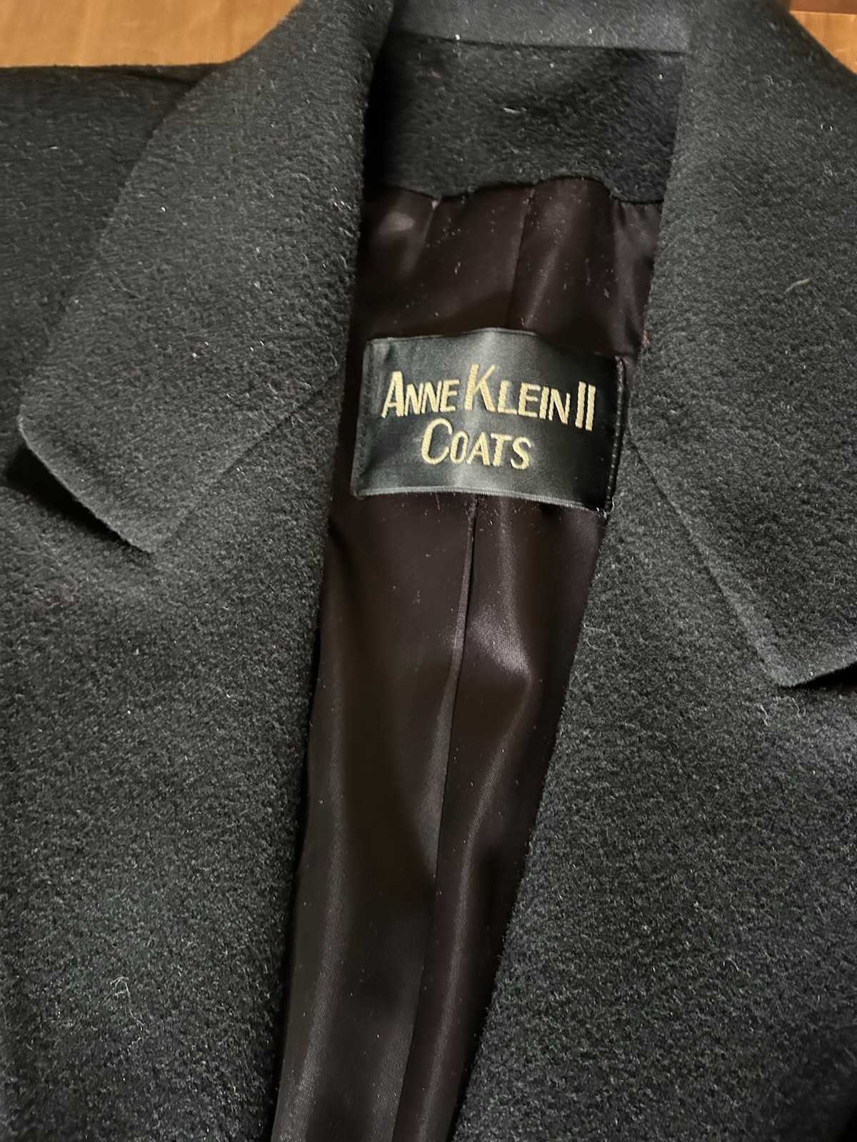 Vintage Anne Klein II Black Wool Coat Women M Long Double Breasted Classic USA