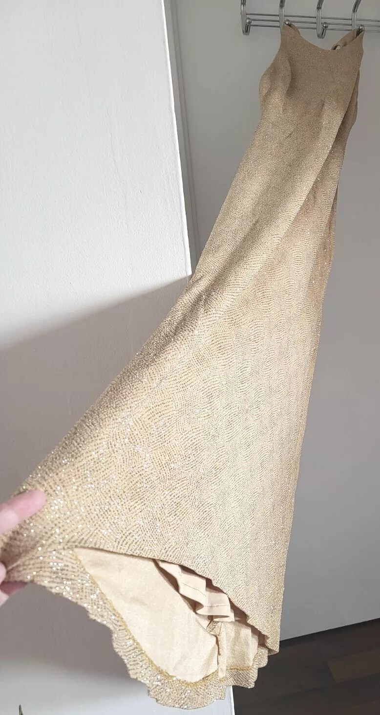 VTG 90s GOLD GLITTER FLOOR-LENGTH EVENING GOWN Large GENTLY WORN + FREE SHIPPING