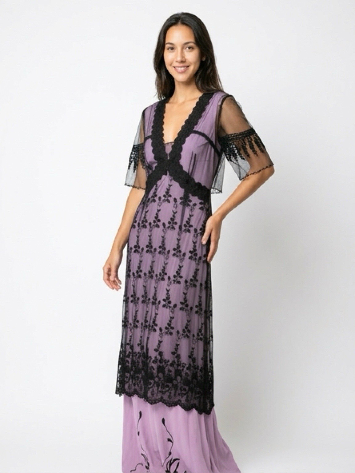 Belle Poque Women 1900s Edwardian Titanic Tea Party Dress L Lilac/Black Lace