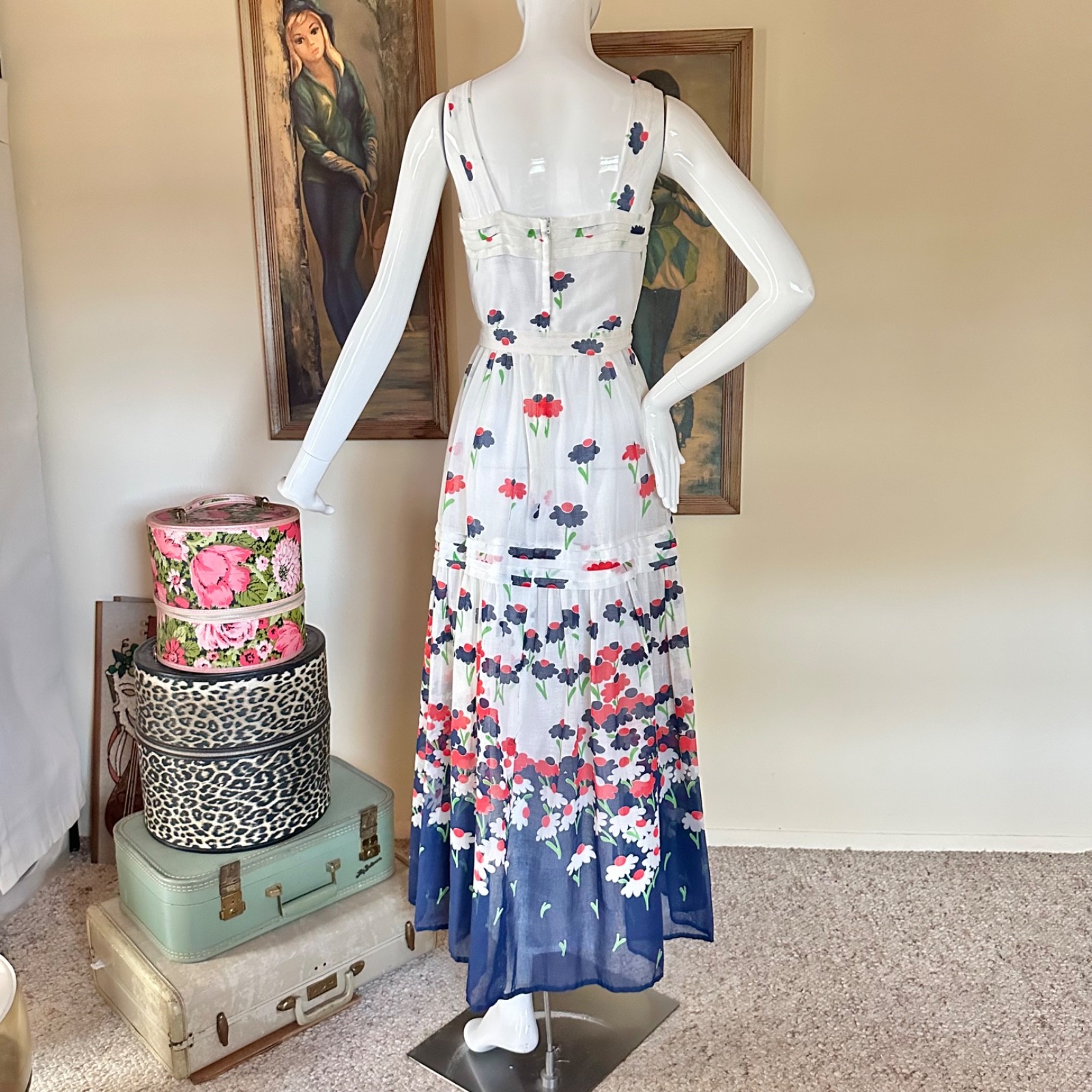 Vintage 1970s Hippie Daisy Garden Maxi Dress Red White & Blue Sundress S