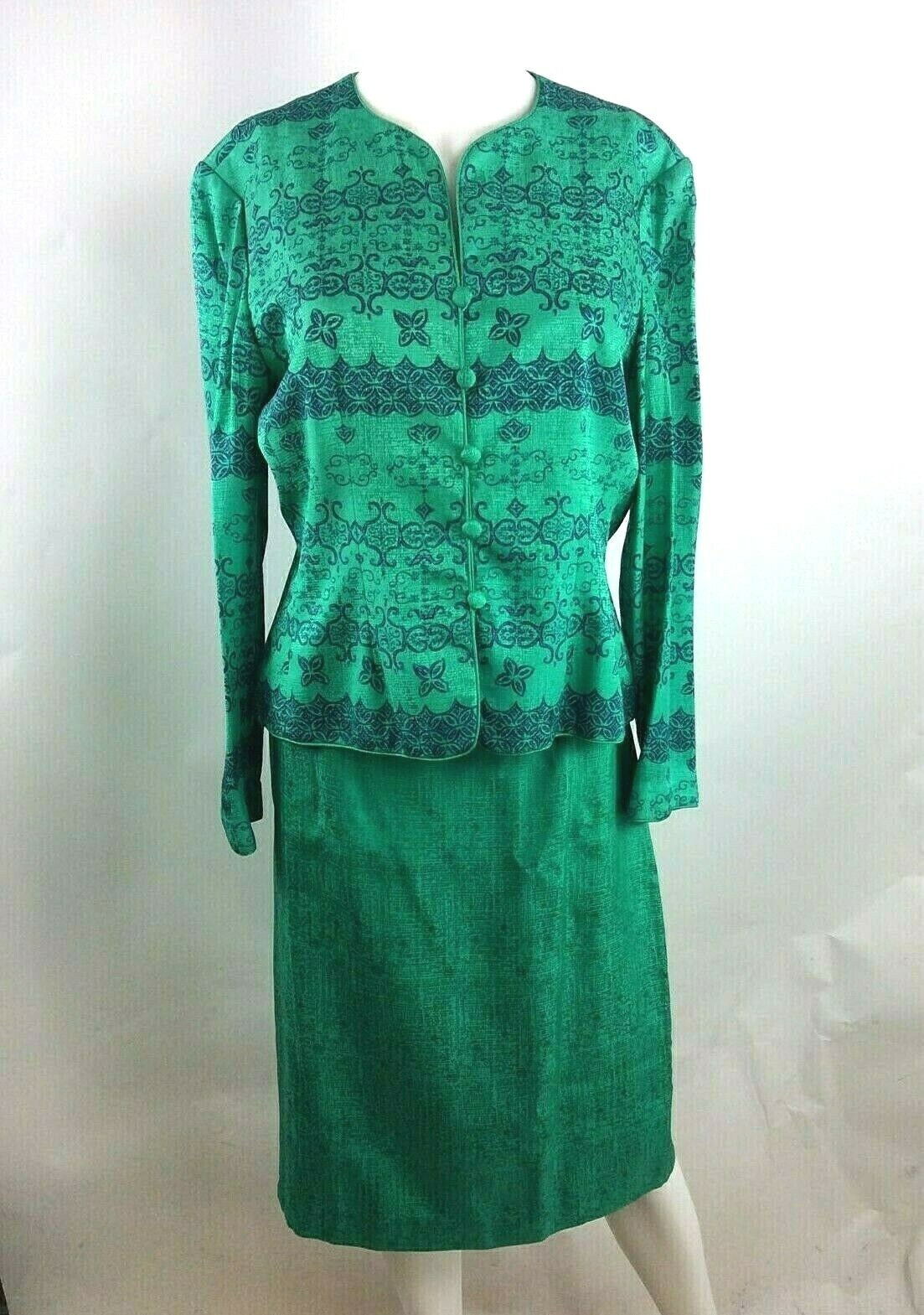 Papell Petites Vintage Women Silk Skirt Jacket Set Green Size 12 Petite (1)