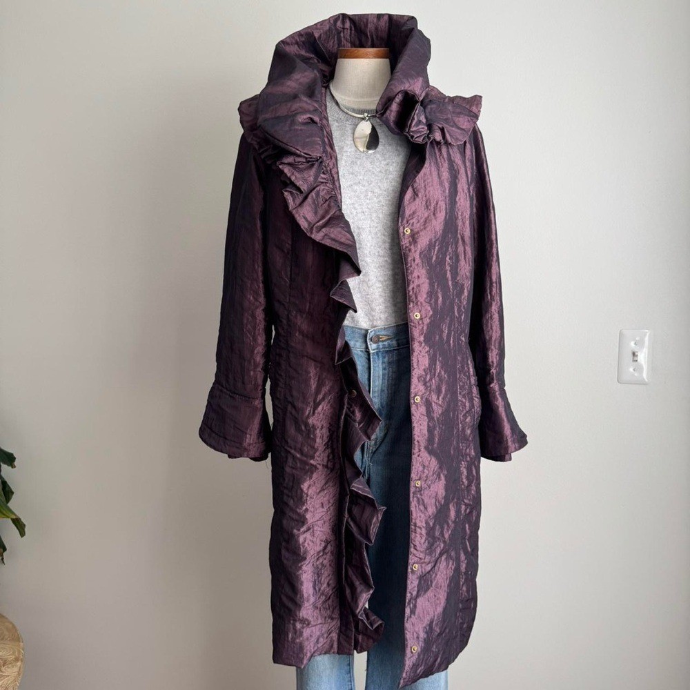 Vintage Iridescent Purple Ruffle Coat High Neck Funnel Lightweight Small