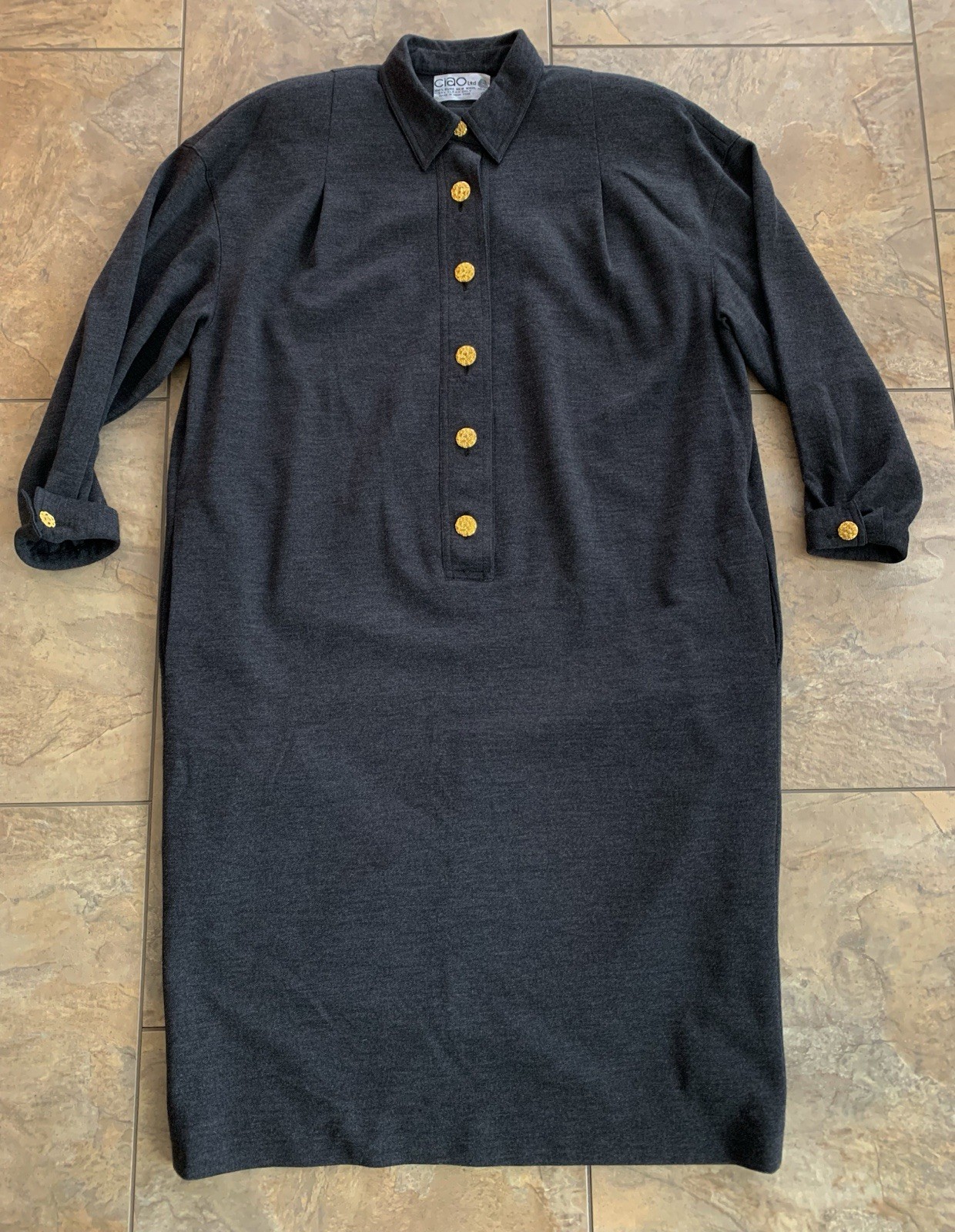 Vintage 80s Ciao Ltd Wool Shirt Dress Women’s 14 Gray Gold Buttons Shoulder Pads
