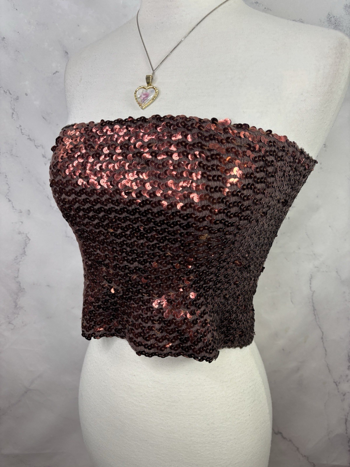 Vintage 1980s 90s Copper Brown Disco Sequin Tube Top Crop Top sz S USA Retro