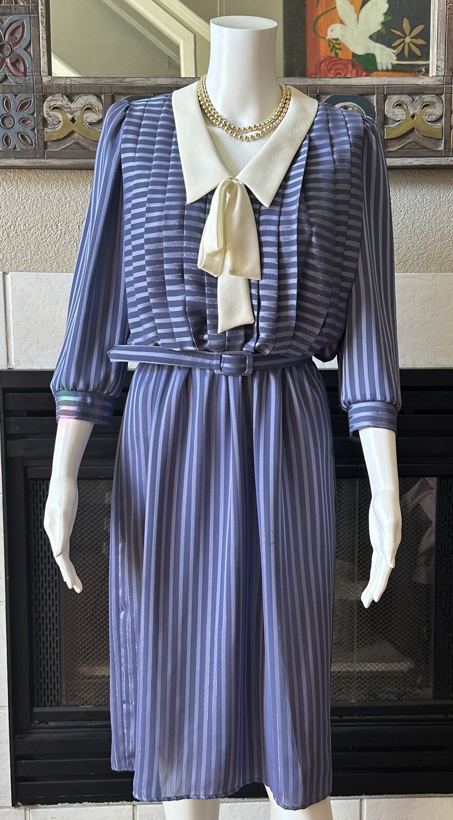 Vtg 80s JSJ Belted Dress Womens Polyester Blue Dynasty Style 34” Bust 28” Waist
