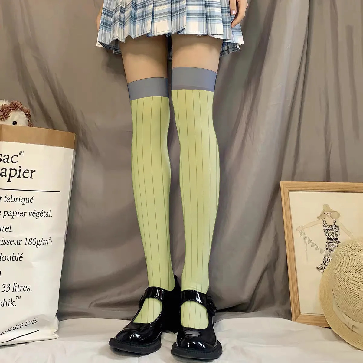 Yellow Green Striped Stockings For Women Cosplay Over-the-knee Socks Female