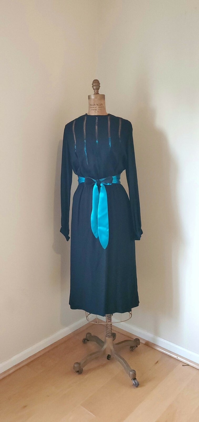 Vintage 1970’s Dress 70’s David Morris Black Teal Blue Dress ILGWU