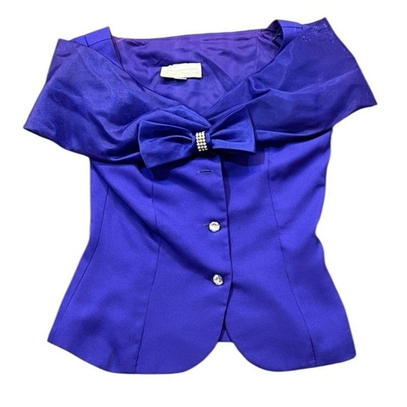 VTG Michael Marcella Skirt Suit Women 4 Purple 2pc Bow Rhinestone 80s Prom Glam