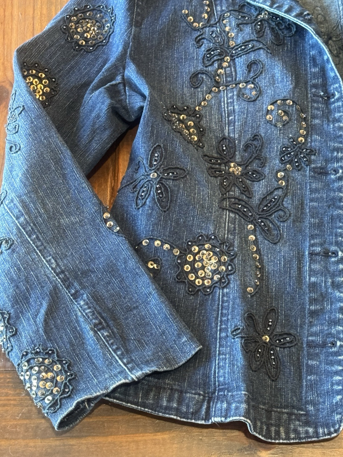 VTG Flashback jacket blue denim beaded sequin button jean pockets Medium