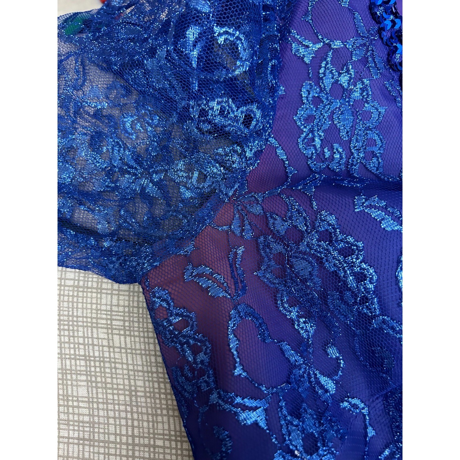 Mike Benet Formal Sequins Blue Lace Sheer V-Neck Evening Gown Dress Vtg 80s