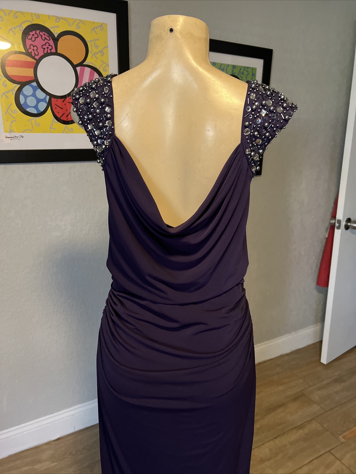 VTG MAGGY LONDON PURPLE RUCHED W/BEADED GEMS SHORT SLEEVES DRESS STUNNING xb8