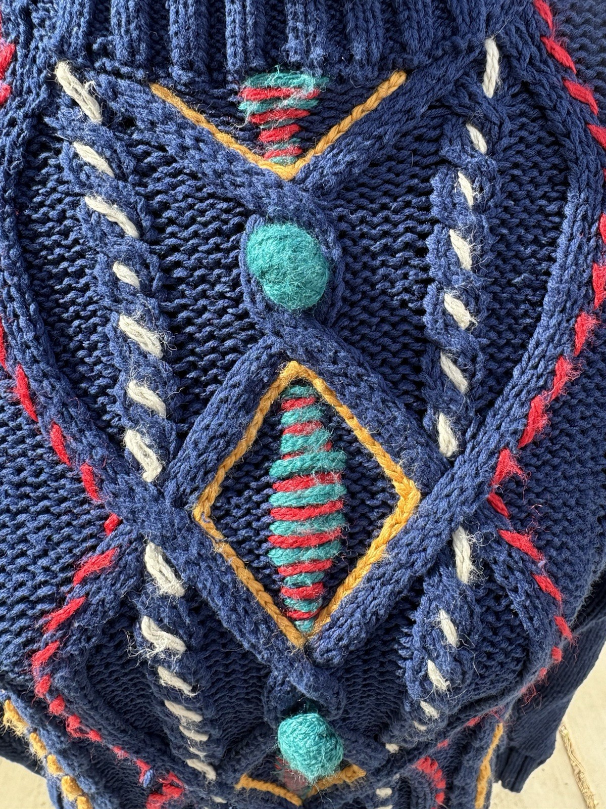 Vintage Mixed blues S Chunky Cable Knit Base W/ Colorful Embroidery POM POM READ