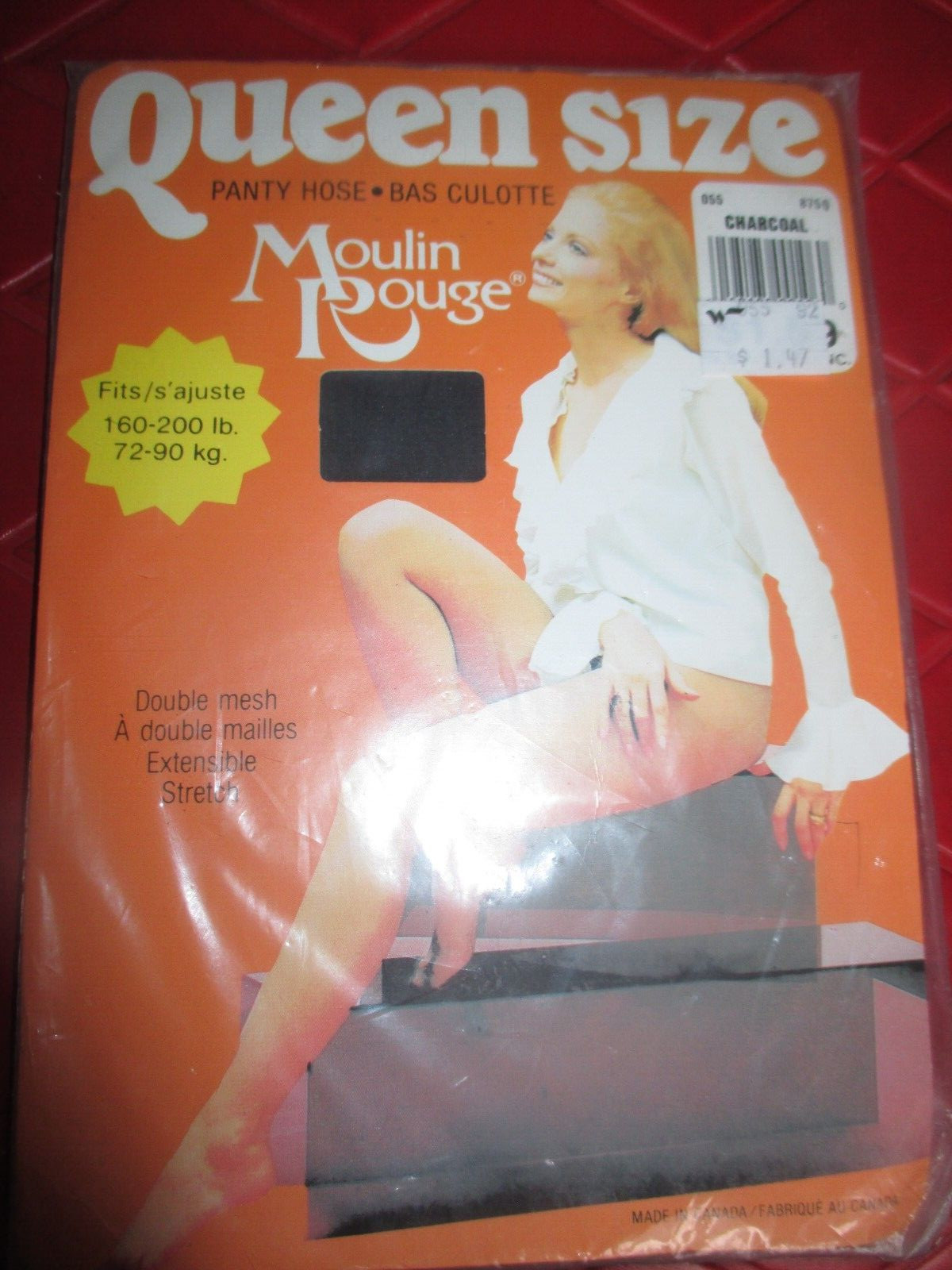 MOULIN ROUGE Vintage CHARCOAL Nylon PANTYHOSE – Size Q – 160-200 lbs- 1970’s