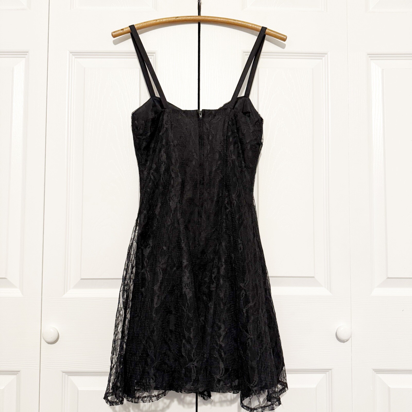 Vintage 80s Mayvens of CA Black Lace Mini Dress Size 3 Cocktail Goth Fit & Flare