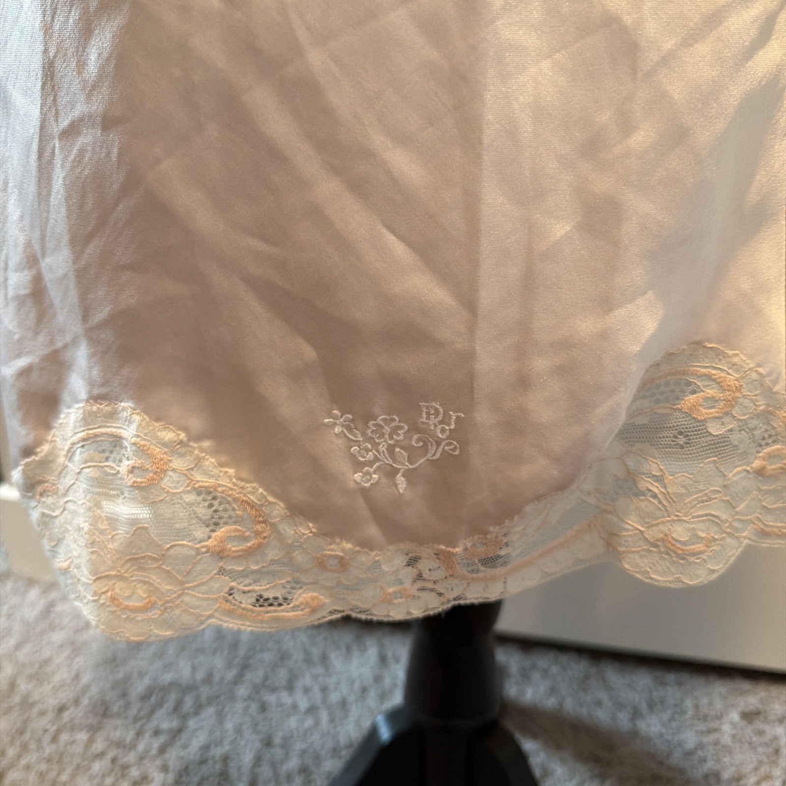Vintage Christian Dior Intimates beige Satin Half Slip with White Lace Trim