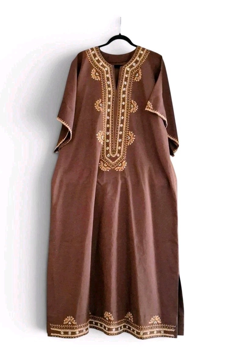 Vintage Brown Embroidered Kaftan Caftan Maxi Dress Boho Modest One Size Handmade