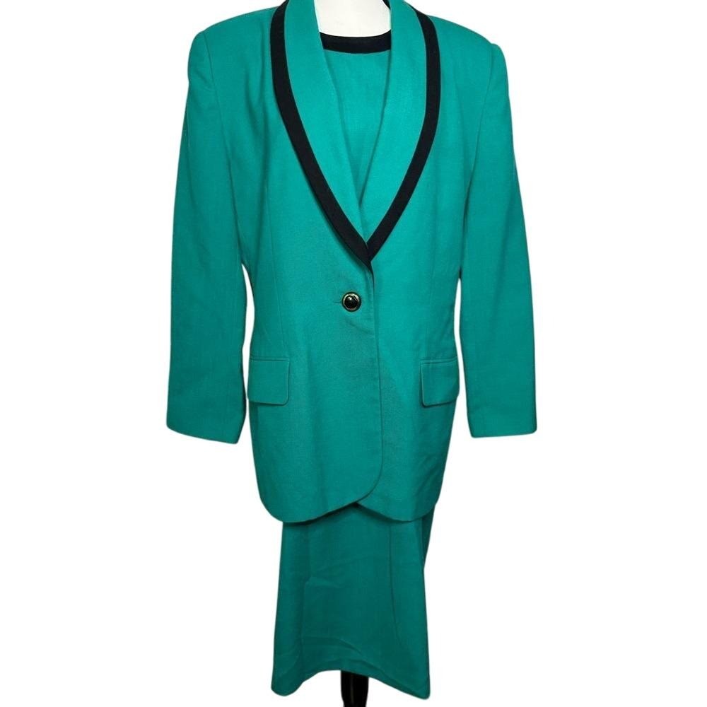 Vintage 80s/90s Oleg Cassini Teal Black Power Suit/Dress Size 14/16 XL