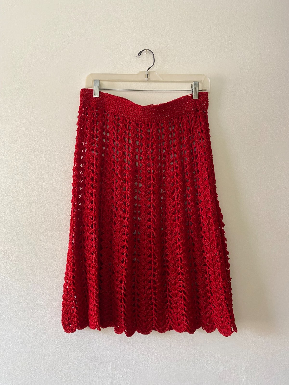 Vintage 1970s Red Crochet Handmade Midi Skirt Boho Retro Chic S/M