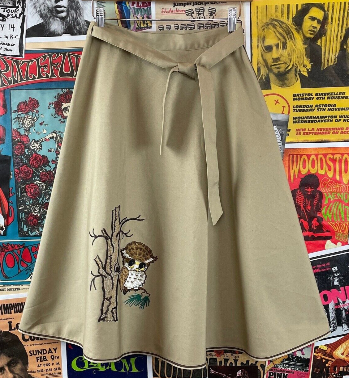 Vtg 70s Khaki Embroidered Big Eye Owl Shirley Gadol A-Line Tie Wrap Skirt Womens