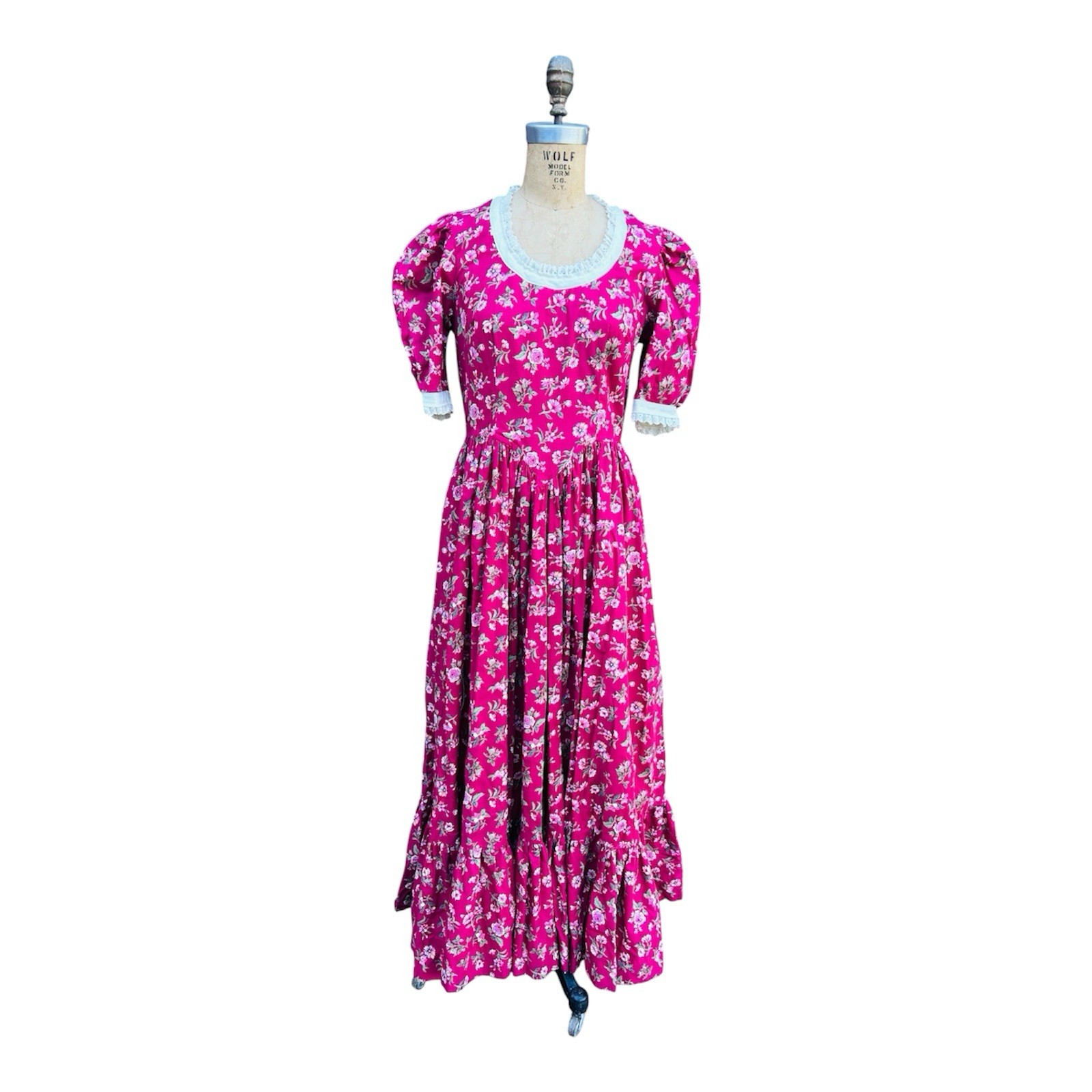 VTG Dark Red Burgundy Cotton Floral Puff Sleeve Dress Women Handmade Cottagecore