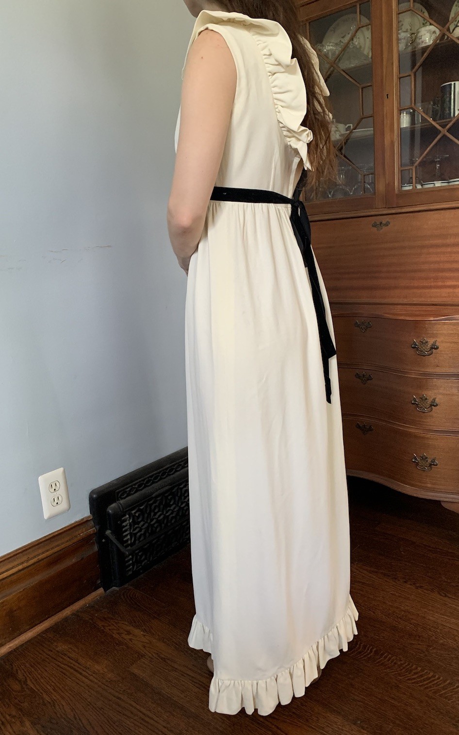 Vintage 1960s 1970s Cream/white maxi dress with Ruffles and black velvet ties. S