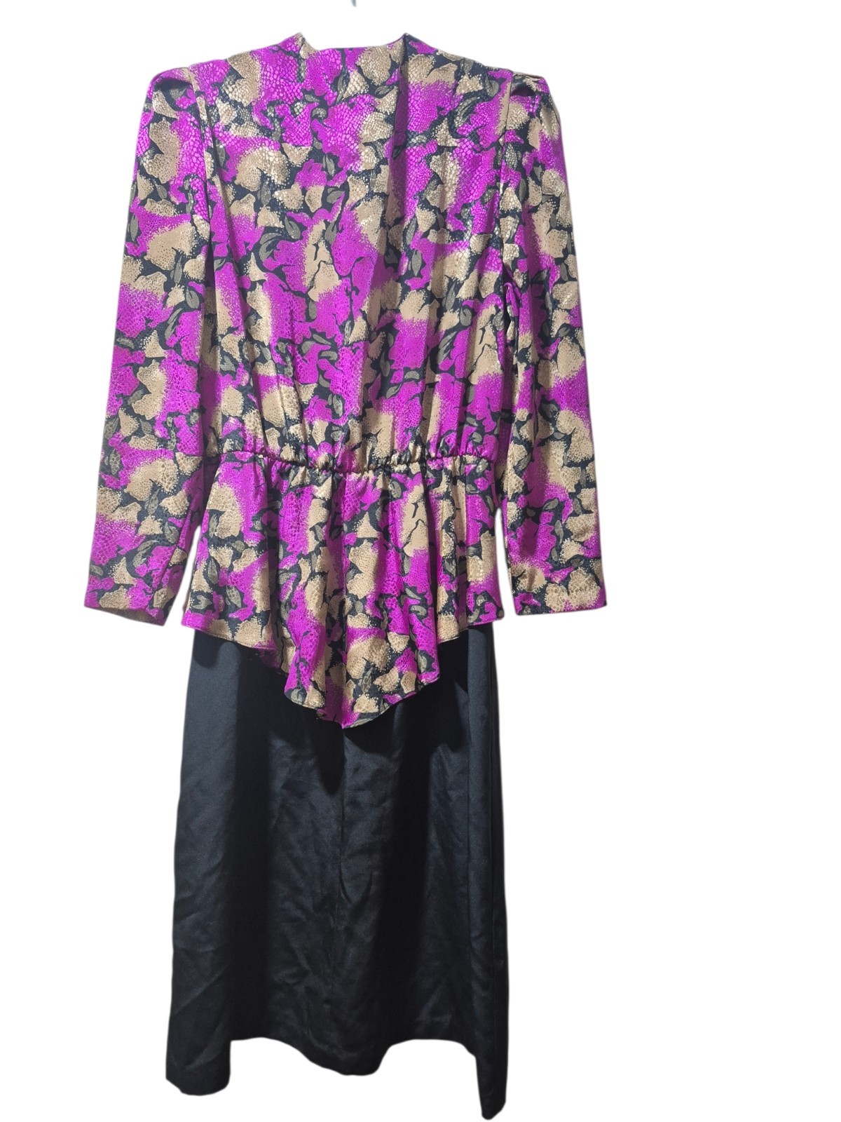 Vintage Satin Floral Crossover V-neck Puff Sleeves Peplum Pink/Multi Dress 12