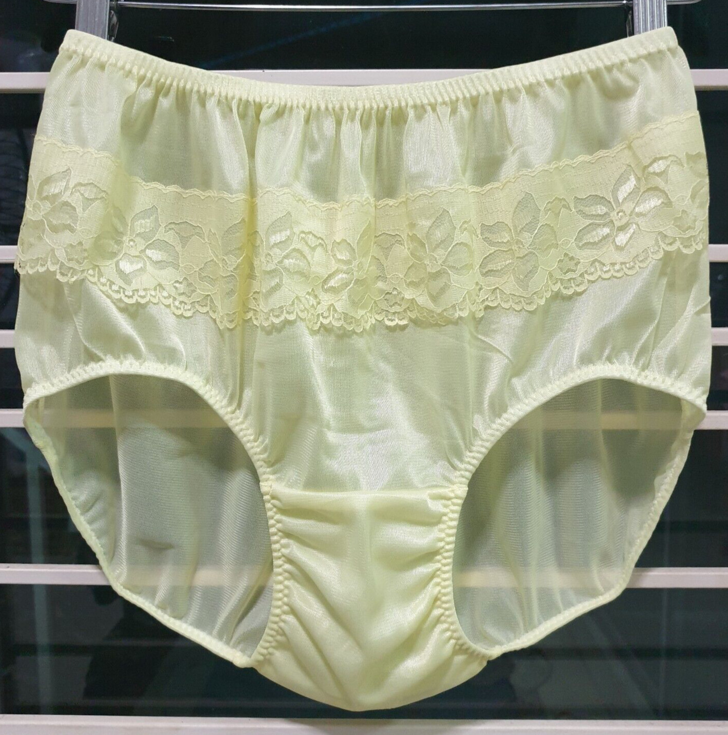 Vintage Sheer Nylon Panty Sissy Yellow Floral Lace Granny Brief Sz. 8 Hip 39-43″