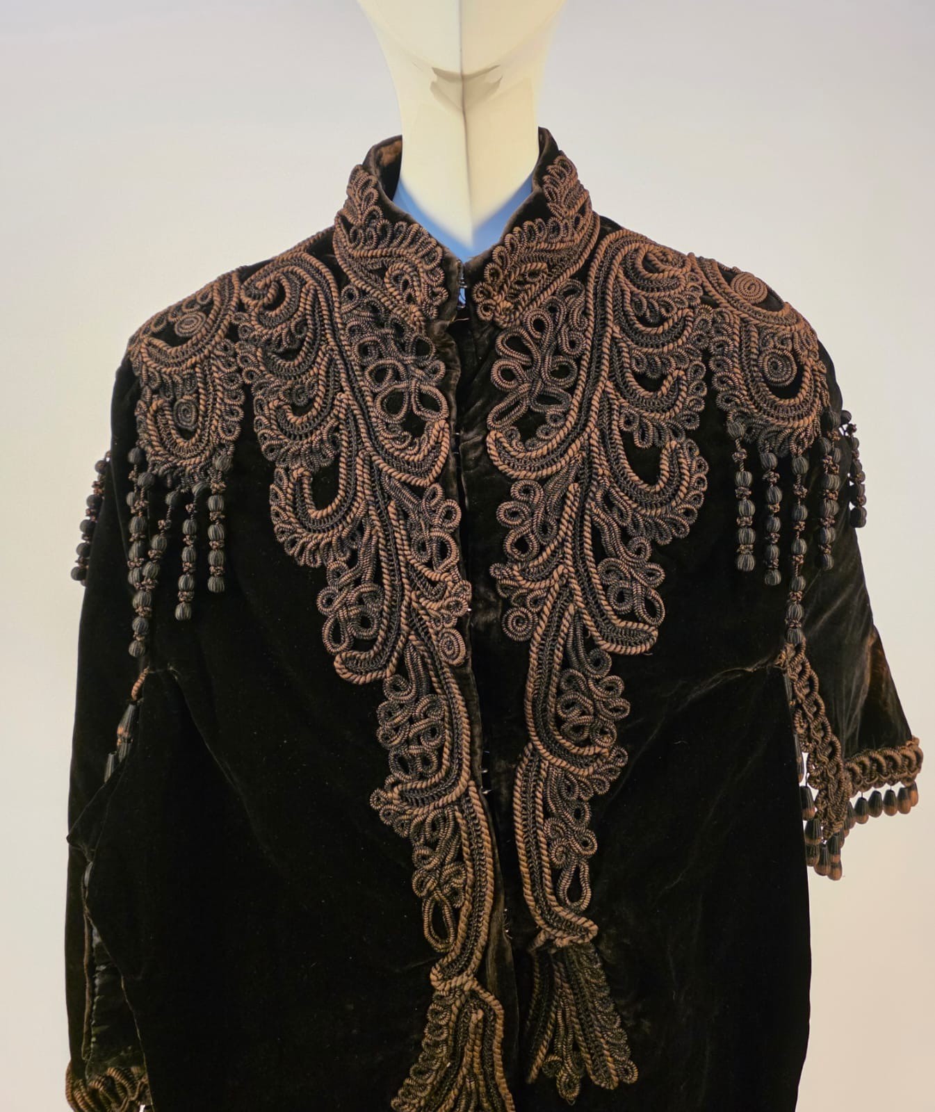 VICTORIAN 1870’S BLACK VELVET DOLMAN CAPE W SOUTACHE DETAIL + BUSTLE REAR