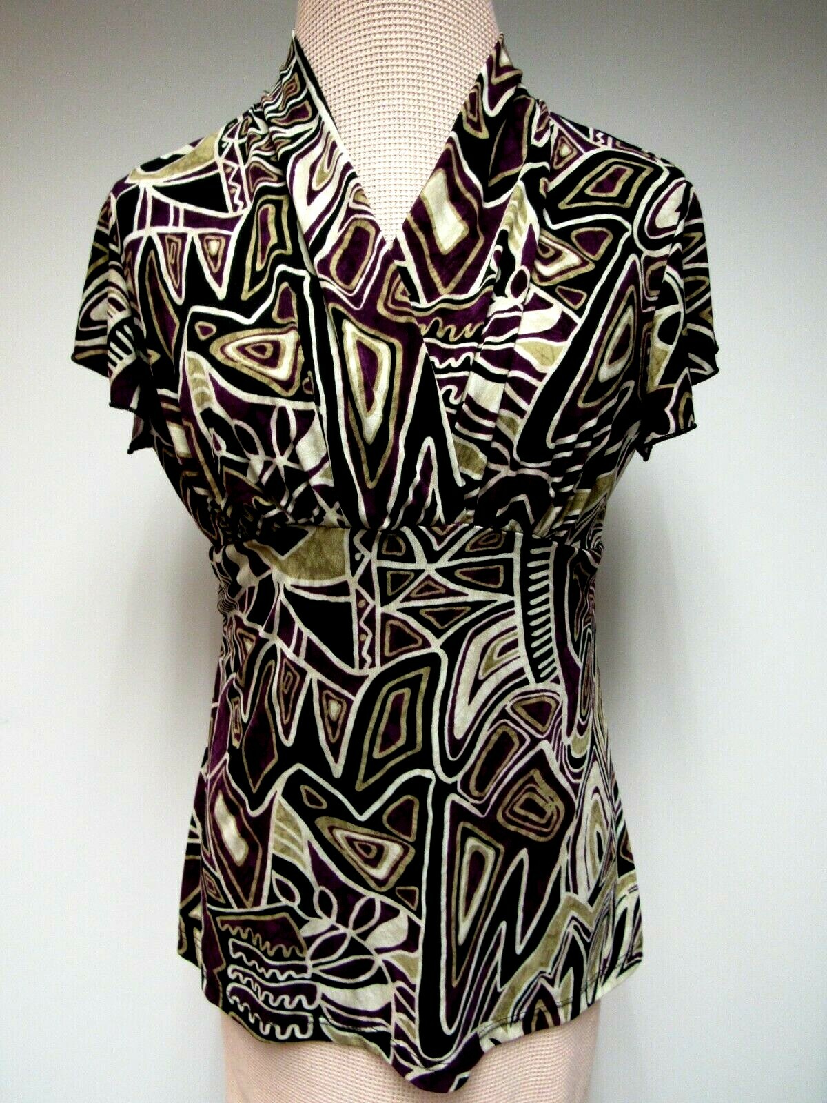 VTG JKLA Knit Faux Wrap Empire Waist Top Tribal Geometric Purple Black Tan L EUC