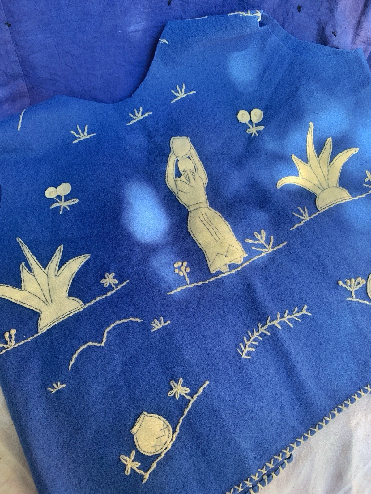 Vintage Mexican Blue Wool Folk Vest with White Appliqués