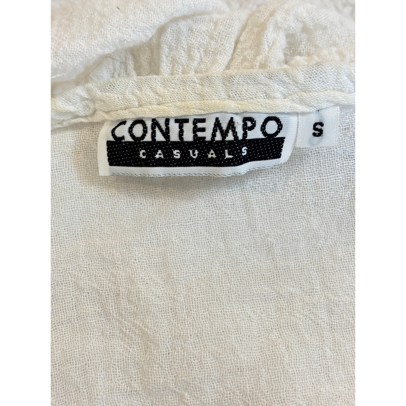 Vintage Contempo Casuals Ivory Ruffle V-Neck Blouse Smocked Bell Sleeve Small