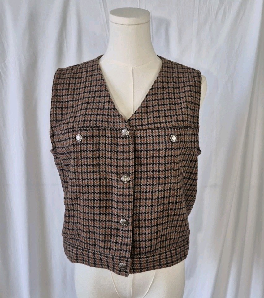 Vintage Womens Old Navy Outdoor Rust Brown Plaid Wool Blend Vest Medium 90s