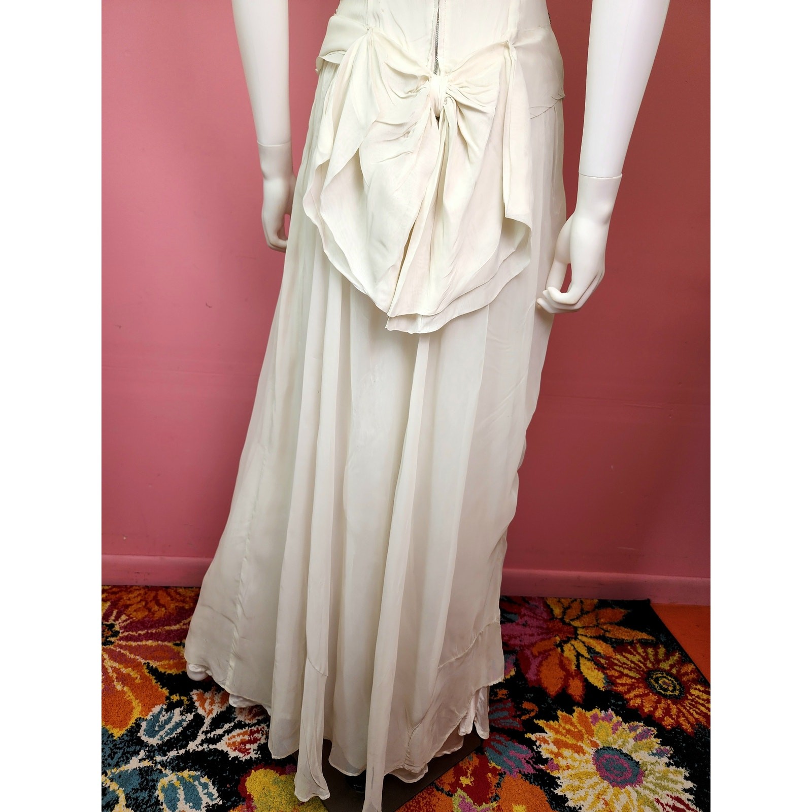 Vintage Late 1940’s White and Silver Sequin Bodice Chiffon Gown with Bow Back