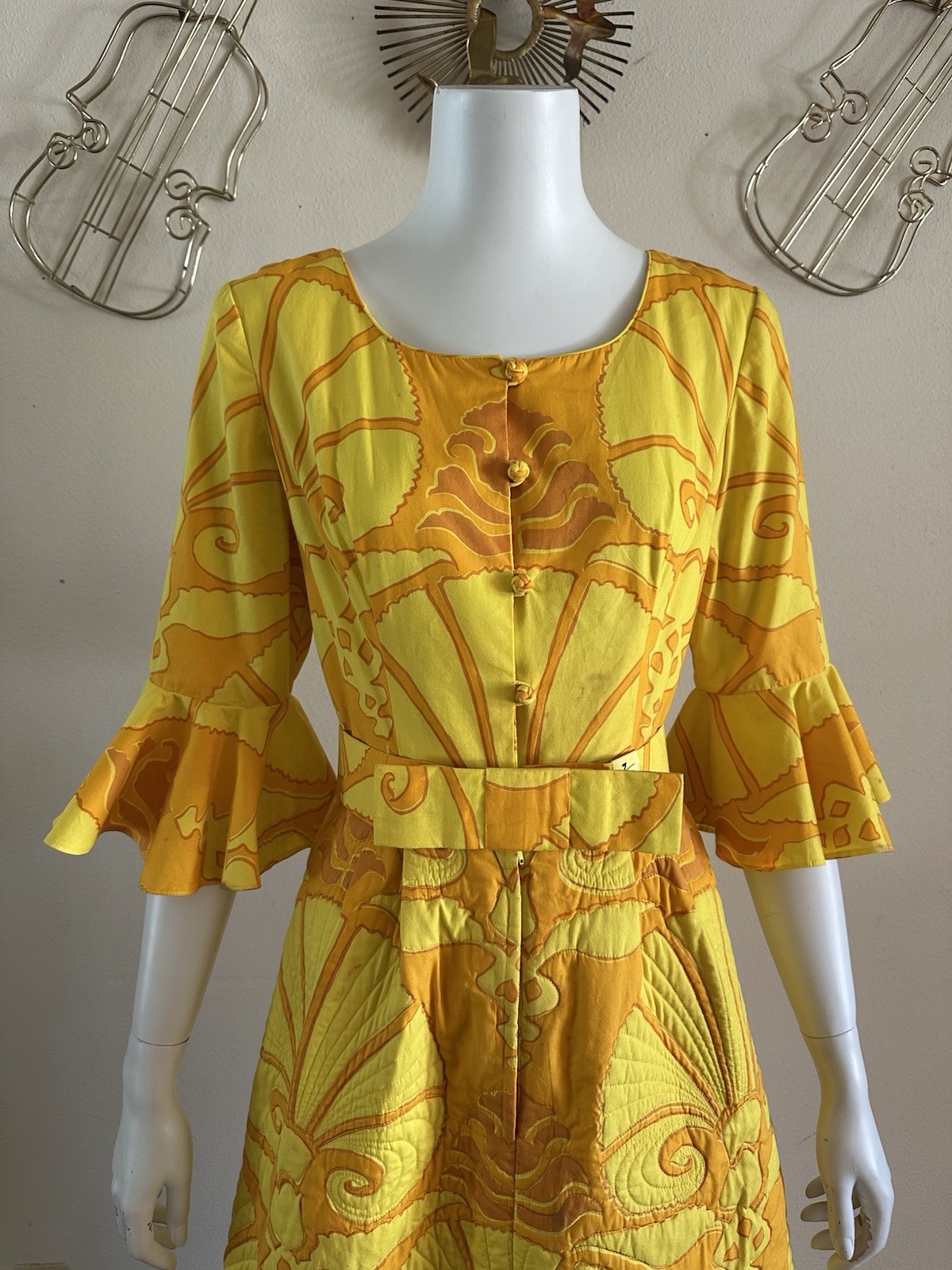 1960s Van Dee Bangkok Quilted Maxi Dress Psychedelic Bell Sleeve Resort Hostess