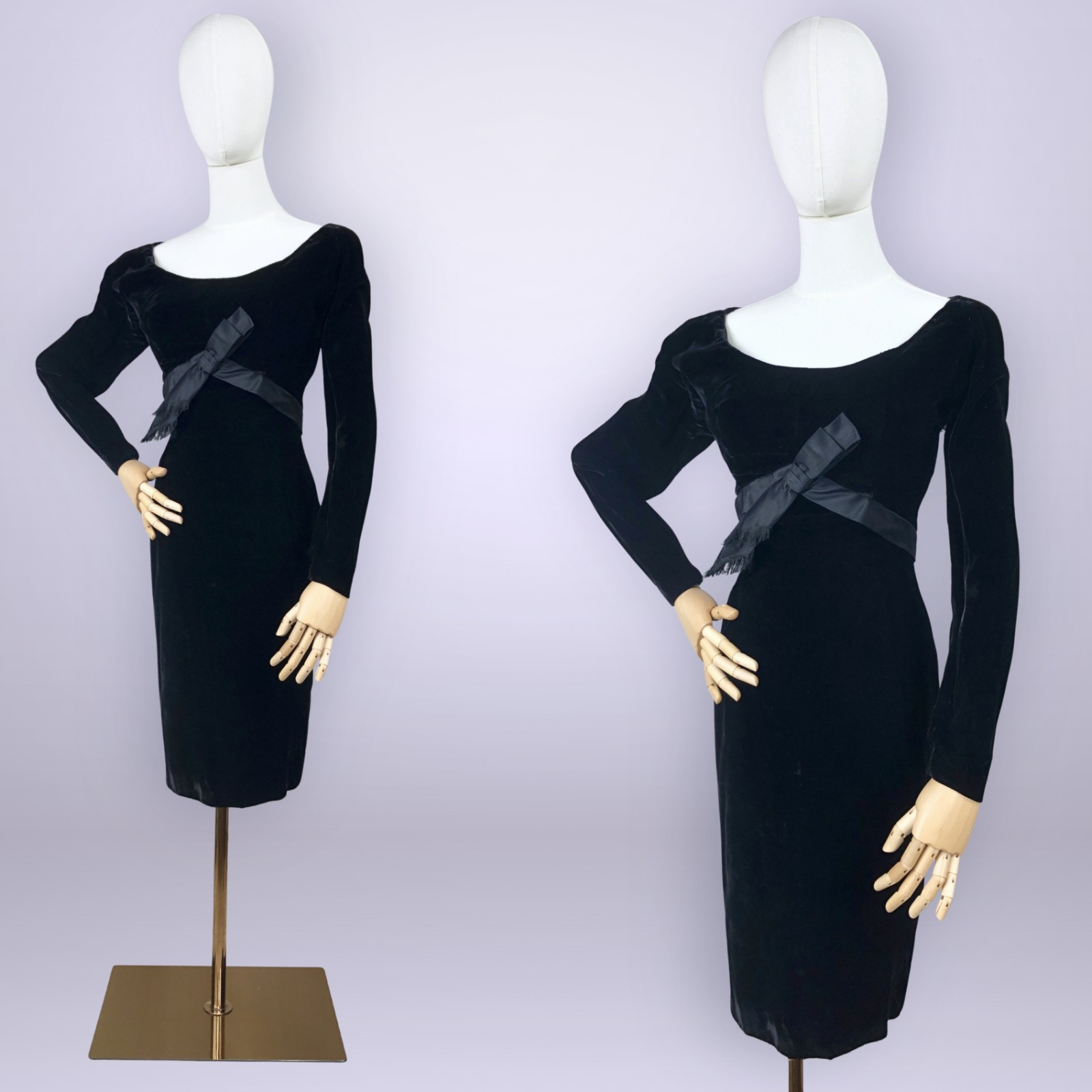 VINTAGE 50s Velvet Wiggle Bombshell Dress with Bow & Shelf Bust 36B/ 27W VFG