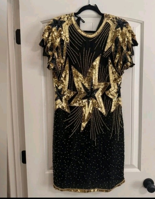 Vintage 80s Stenay Silk Black Gold Sequin Beaded Dress Art Deco Cocktail Size 10