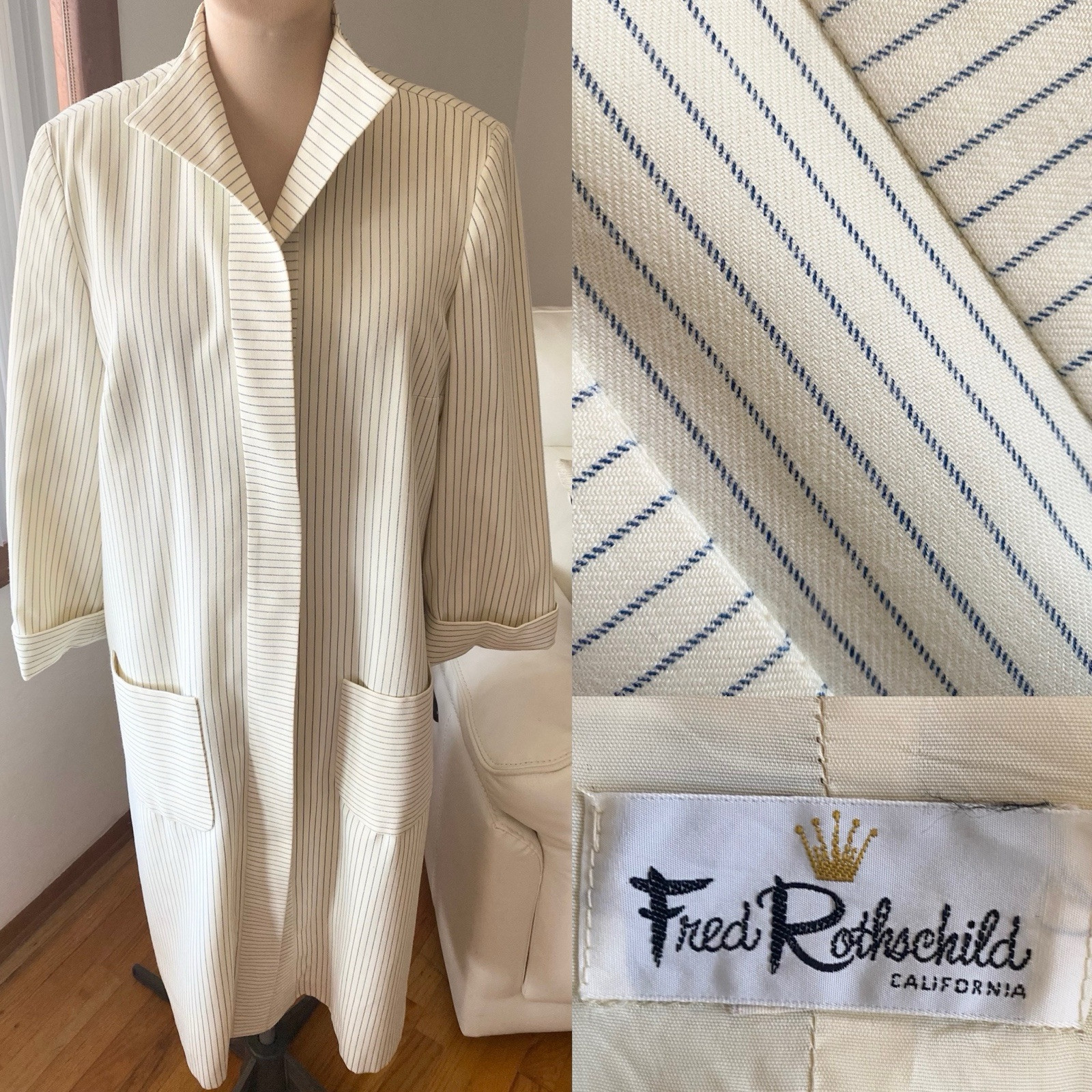Vintage 60s FRED ROTHSCHILD Duster Coat *Large* Ivory Blue White Striped Spring