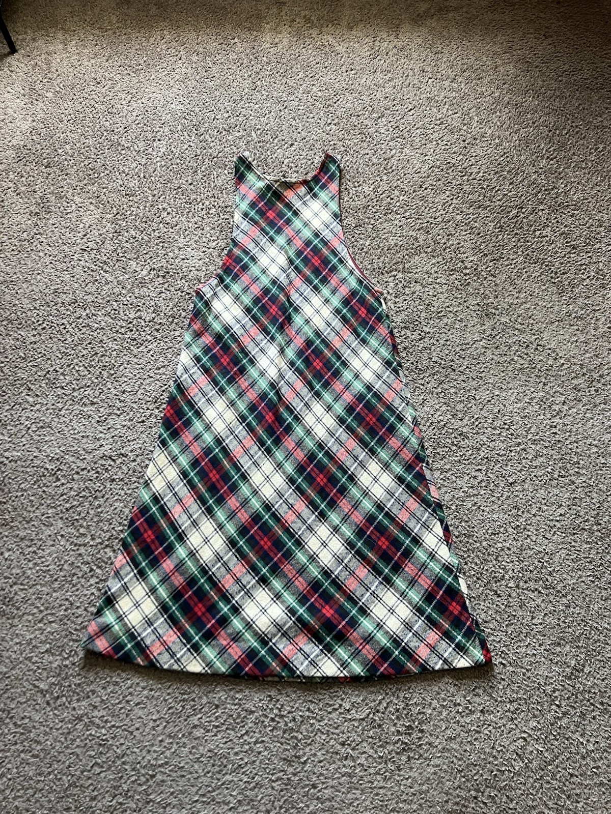 Vintage 80s Overall Maxi Dress Small Tartan Plaid Pullover Tank V-Neck Academia