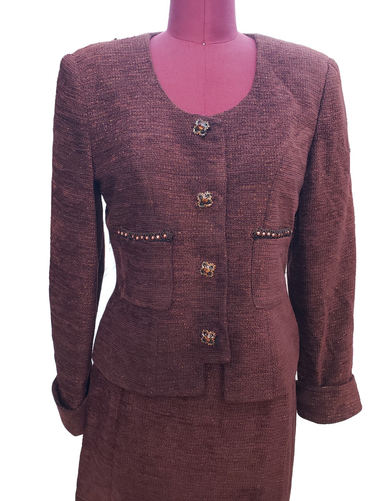 Vintage Criscione Skirt Suit Brown Velour Tweed Lurex Jewel Button 2 Piece Small