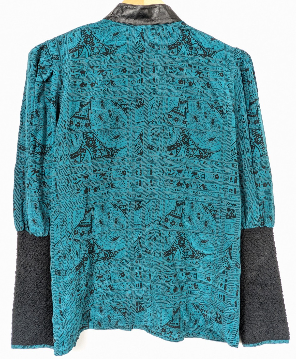 Vtg Bellino Paris 100% Silk Blouse Jacket 10 Teal Geometric Black Leather Trim