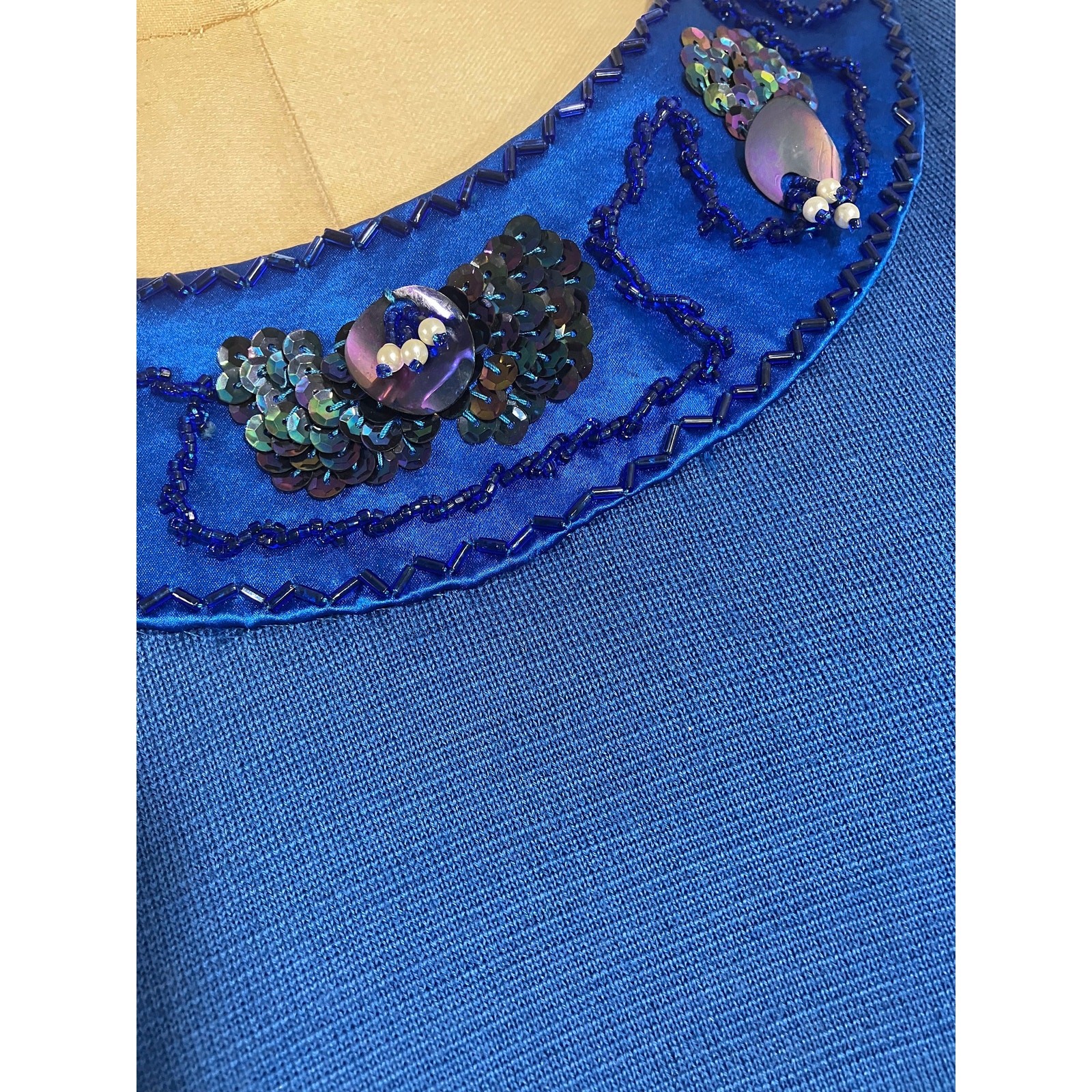 Palio 1960s 100% Virgin Wool Royal Blue Sleeveless Dress Beaded Trim Hong Kong