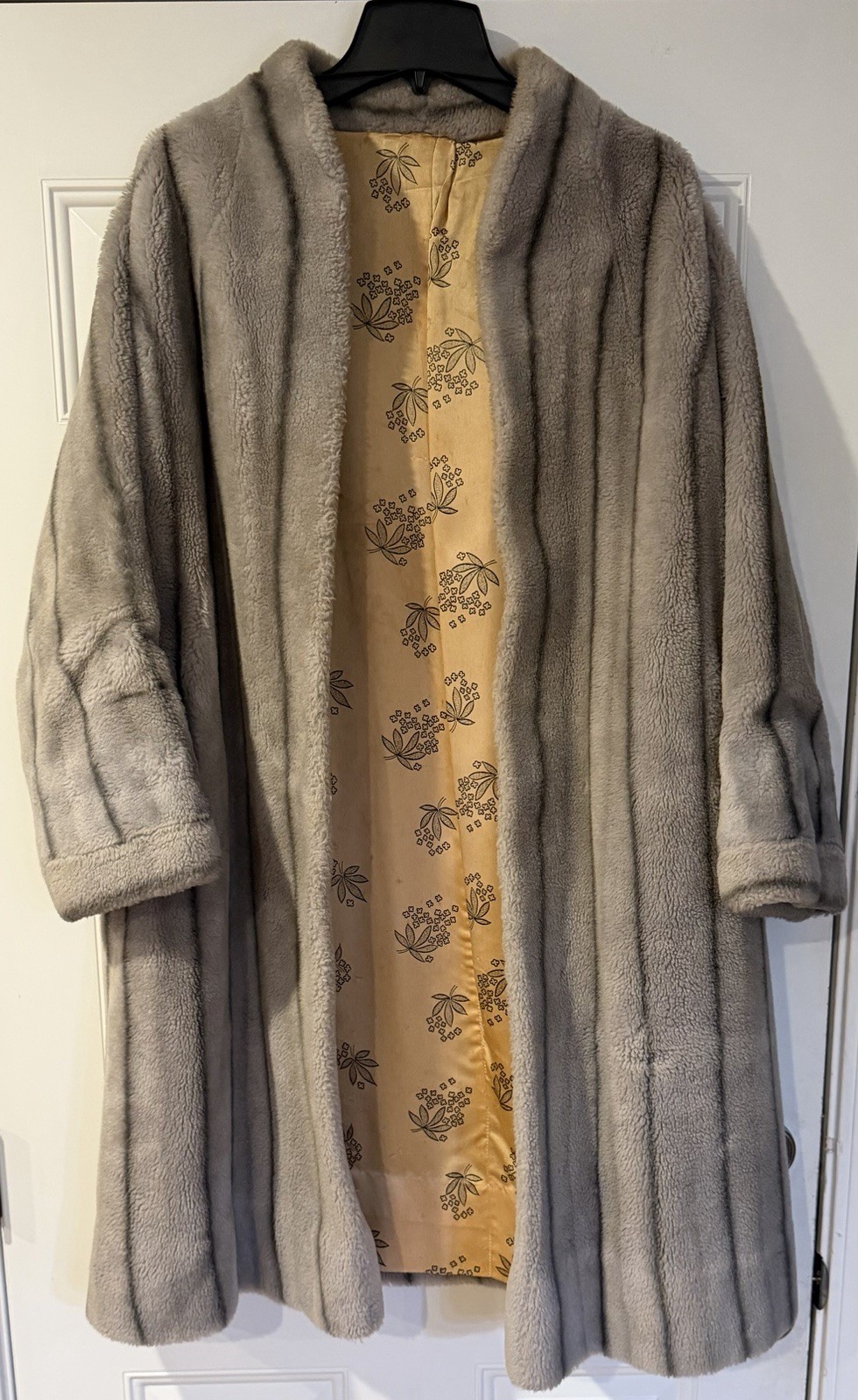 Vtg 1960s Faux Fur Stroller Coat Grey Stripe Yellow Floral Satin Circa1959-1964