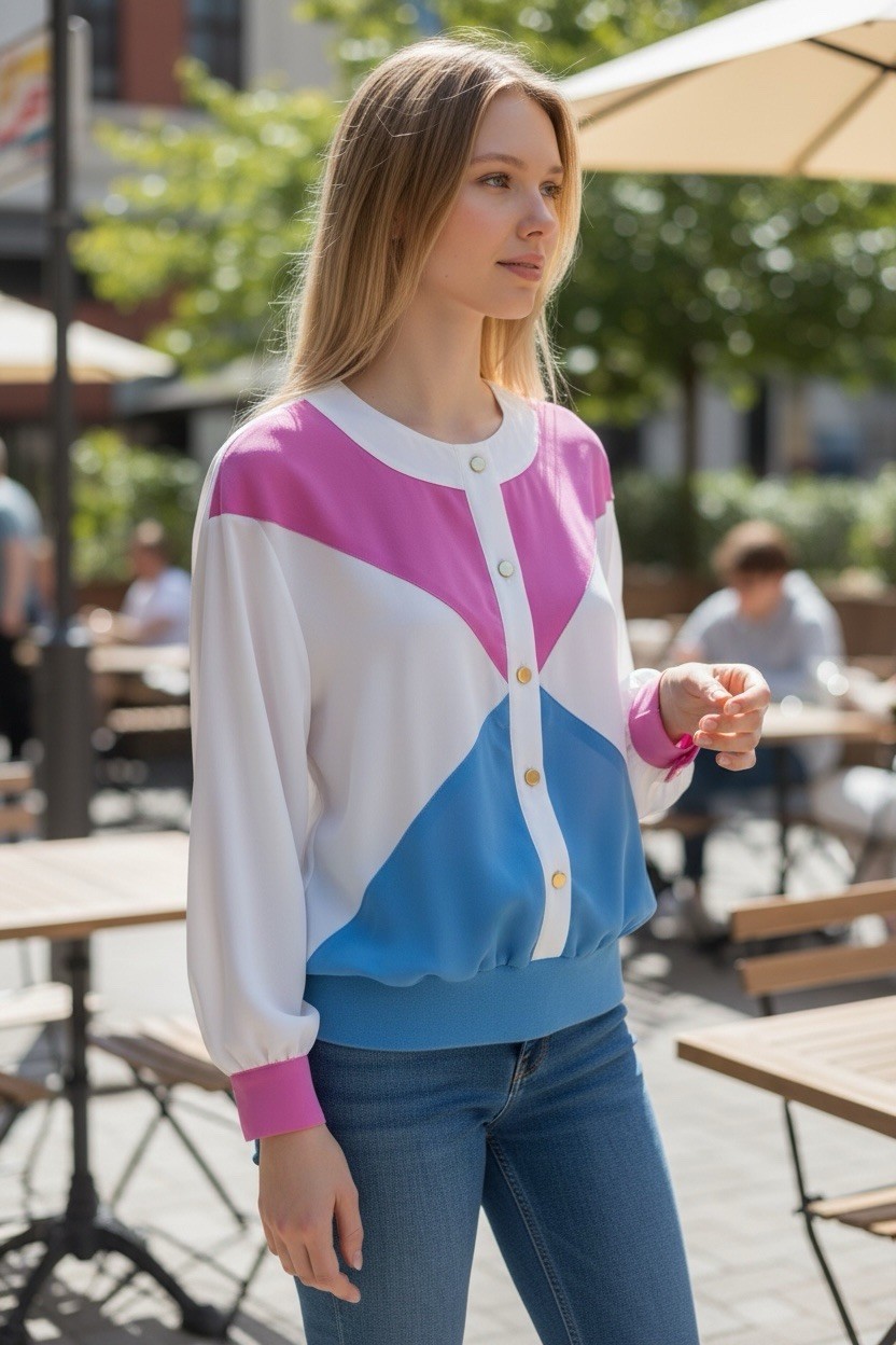 Vntg Retro 70’s/80s Jamboree NY Colorblock Blouse M/L Roller Disco Dance Style