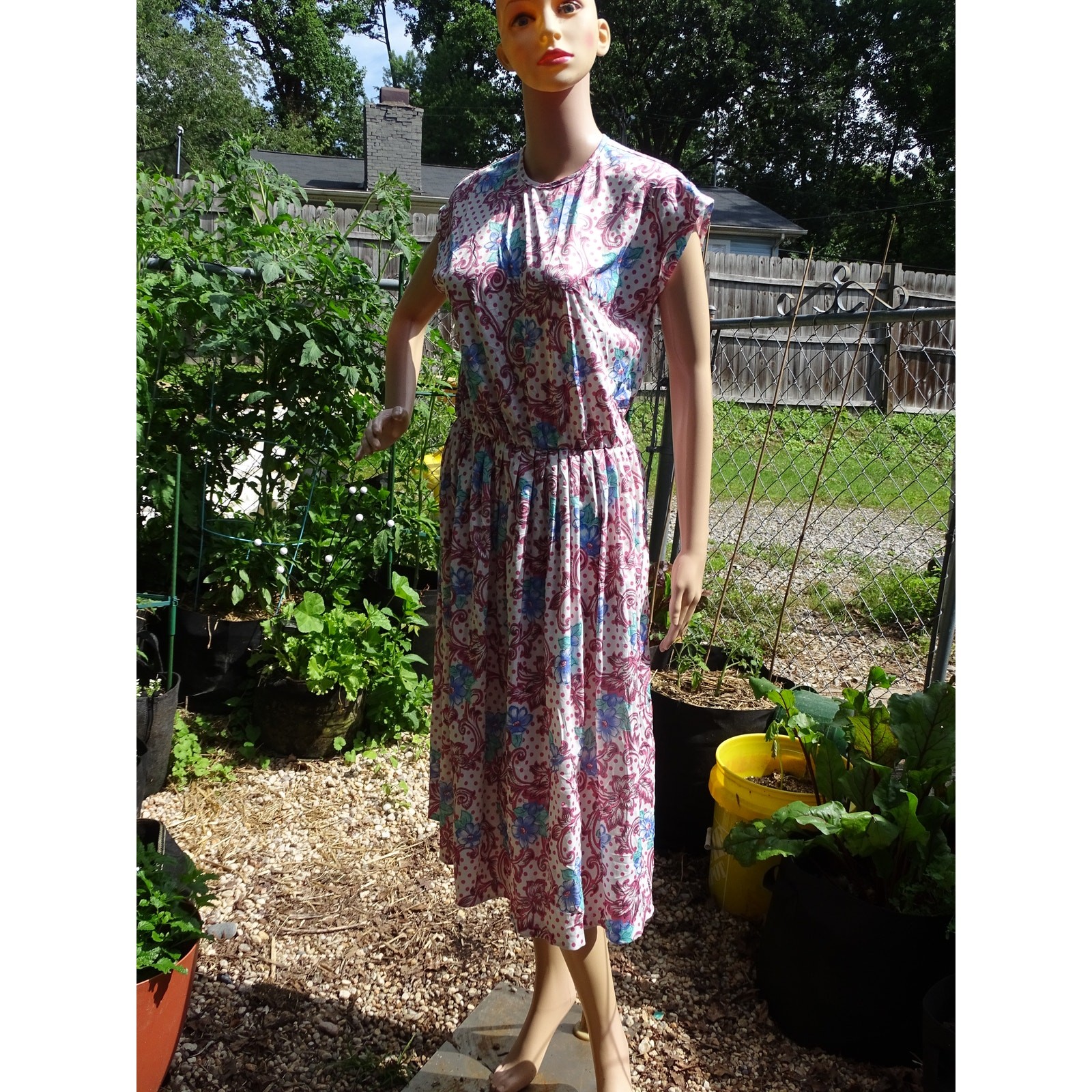 Vintage Floral Paisley Midi Day Dress Large Cottagecore Boho Puffed Sleeve Pink