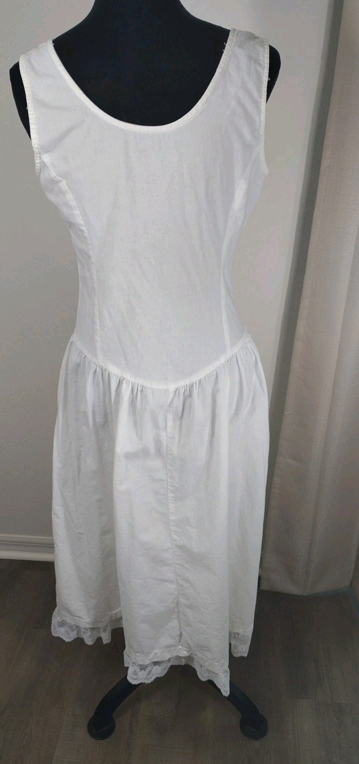 Vintage 80s Timely Trends Heavy Cotton Drop Waist Midi Dress White Lace Medium