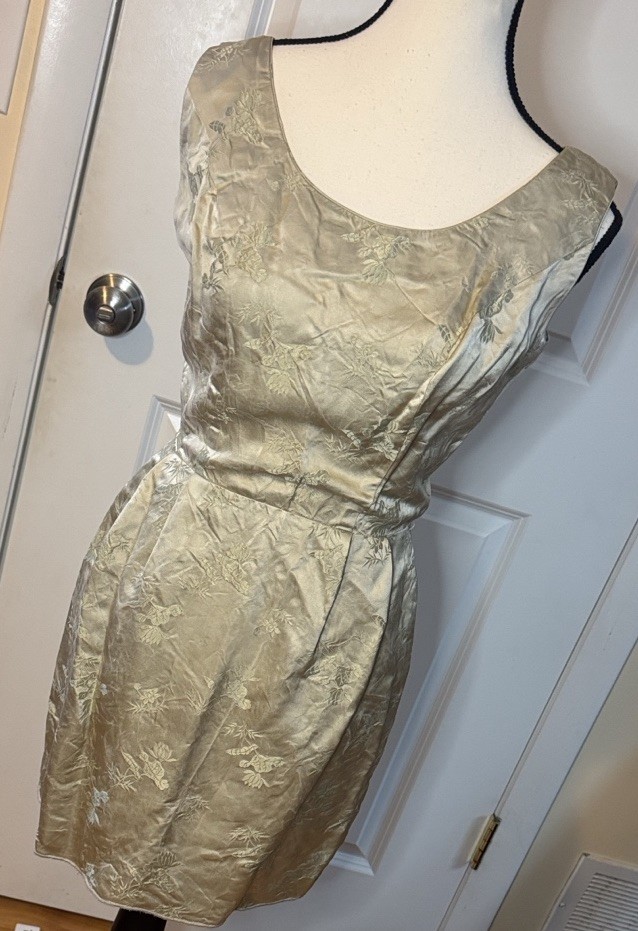 Vintage 1960 Dynasty Mid Century PinUp Champagne Beige Floral Cocktail Dress XS