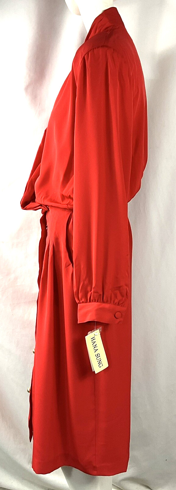 Retro 1980s Hana Sung Dress 14 Red Polyester Silkese Sumpreme Long Sleeve V-Neck