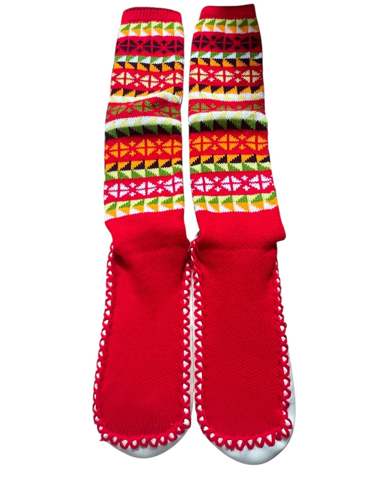 NOS M Vtg 70s Slipper Socks Red Creslan Knit Winnebagos Shoe Vinyl Sole