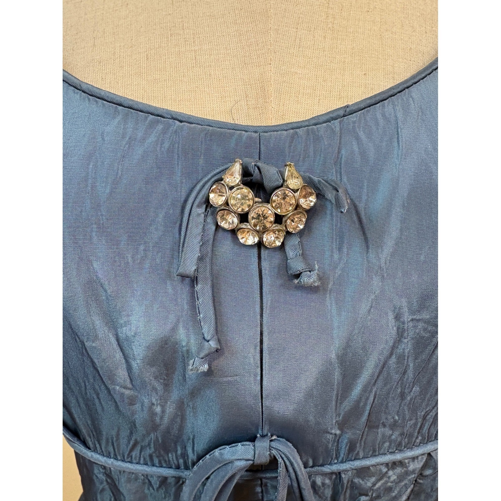 Vtg 50s Dress S Blue Taffeta Rhinestone Mid Century Cocktail Party Rockabilly